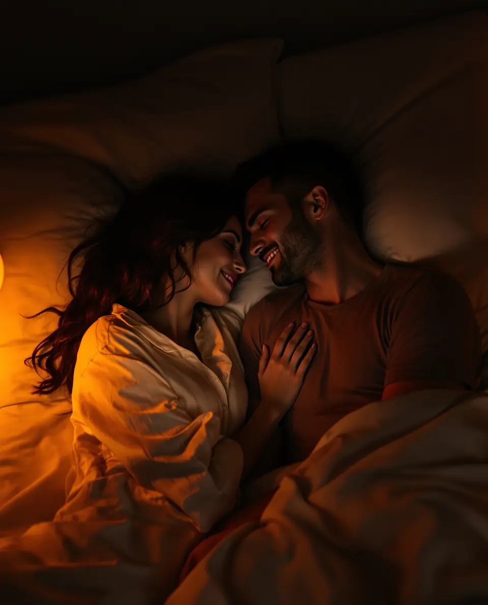 Ein Paar liegt nachts eng beieinander im Bett, Stirn an Stirn, ihre Hand auf seiner Brust