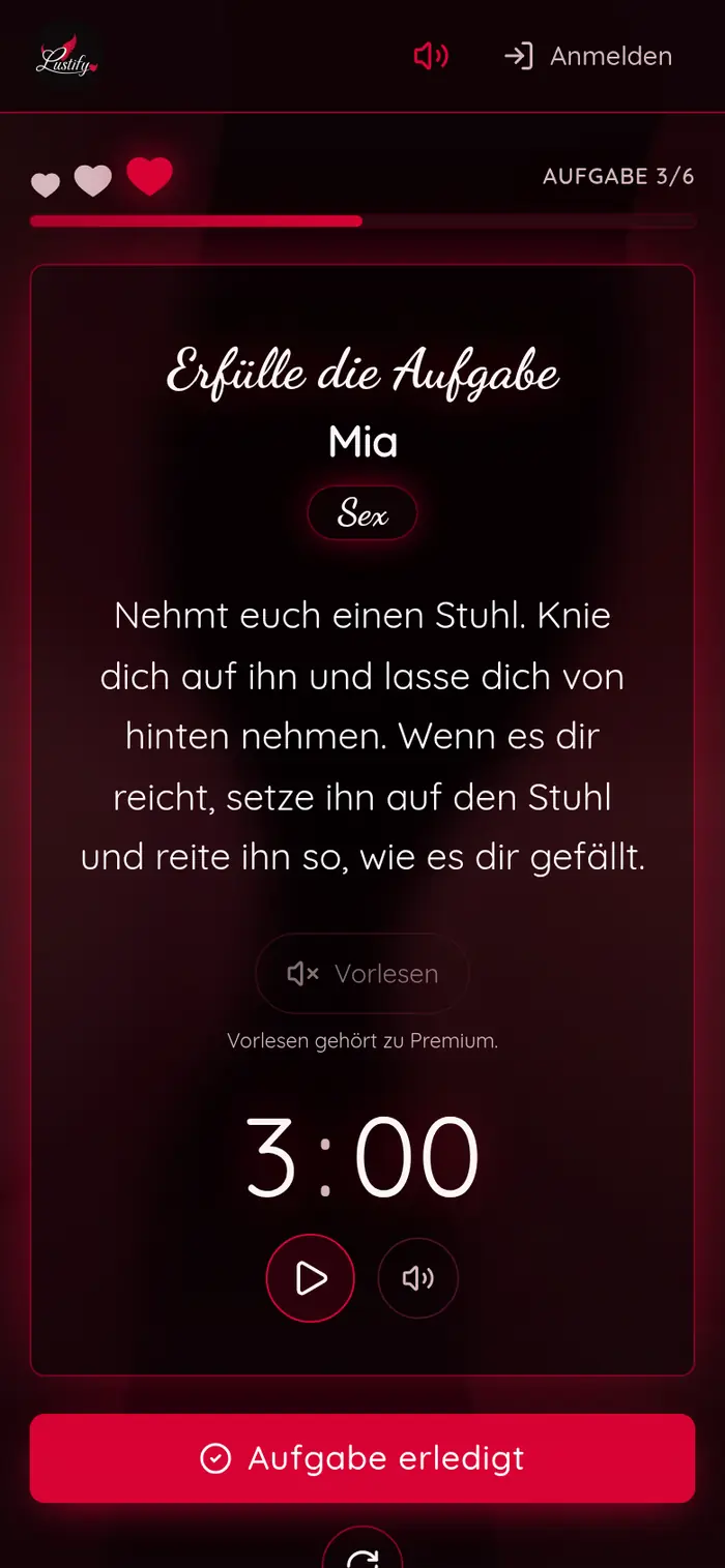 Bildschirm der App im Level Sex: eine Aufgabe mit Countdown, darüber drei gefüllte Herzen